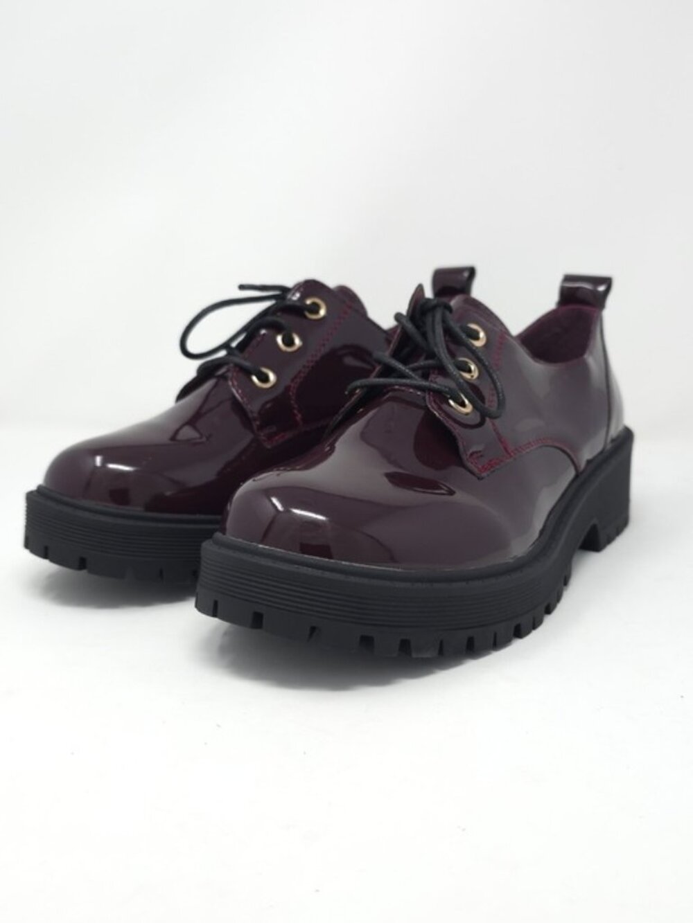 Chunky Platform Faux Leather Oxford Patent Wine Lug Sole Lace Up